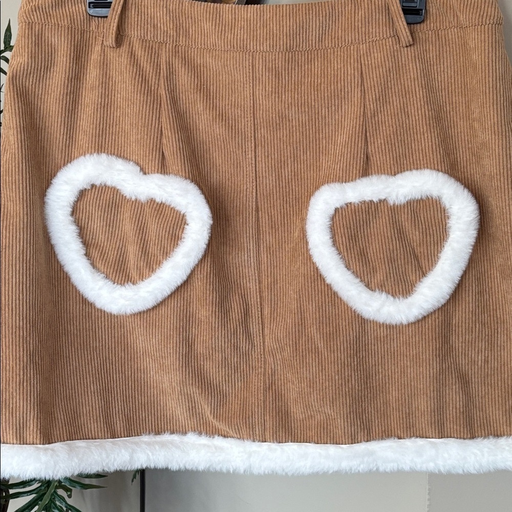 Brand New SHEIN X Care Bears Embroidered Tan Corduroy Mini Skirt Faux Fur Trim - Picture 11 of 15